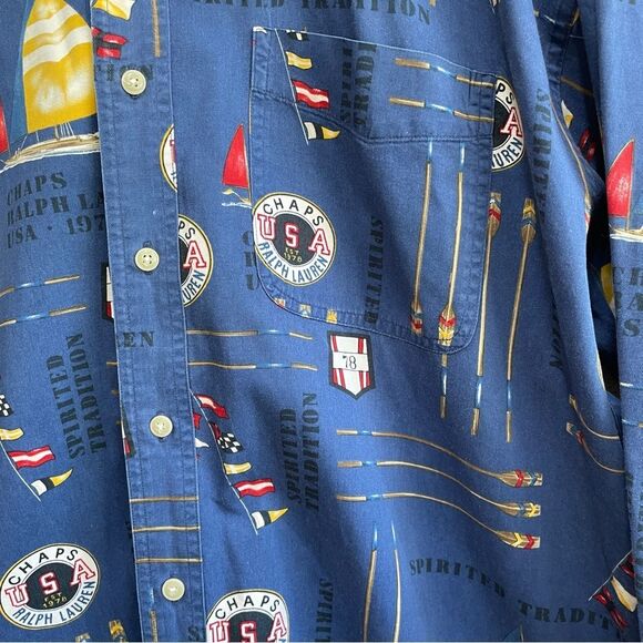 VINTAGE CHAPS RALPH LAUREN NAUTICAL PRINT BUTTON FRONT SHIRT IN NAVY BLUE - Picture 4 of 6